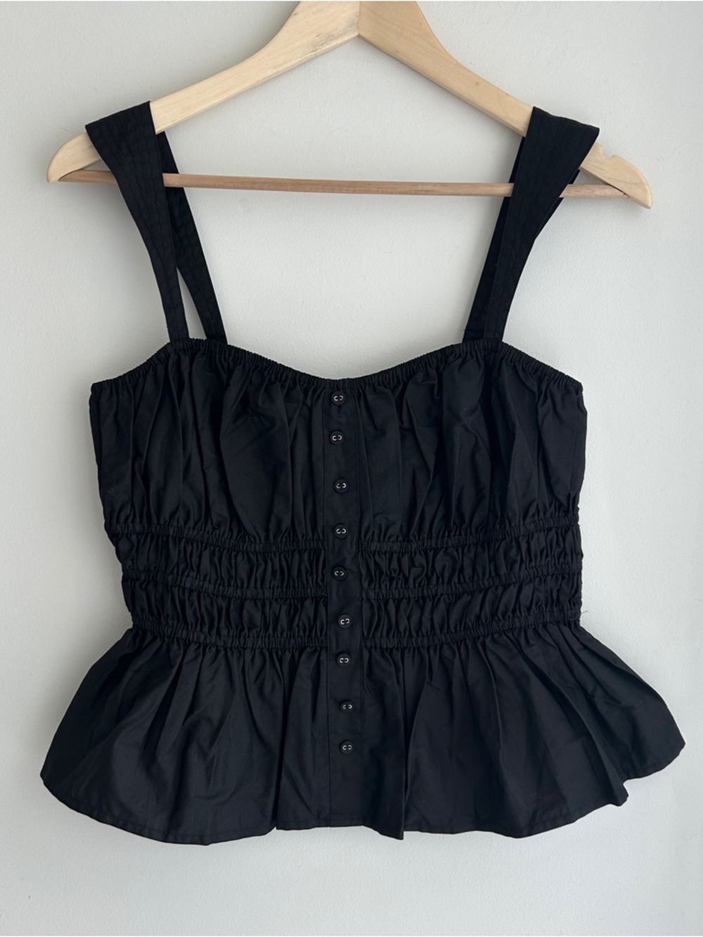 Moon River Black Smocked Button-Front Peplum Tank